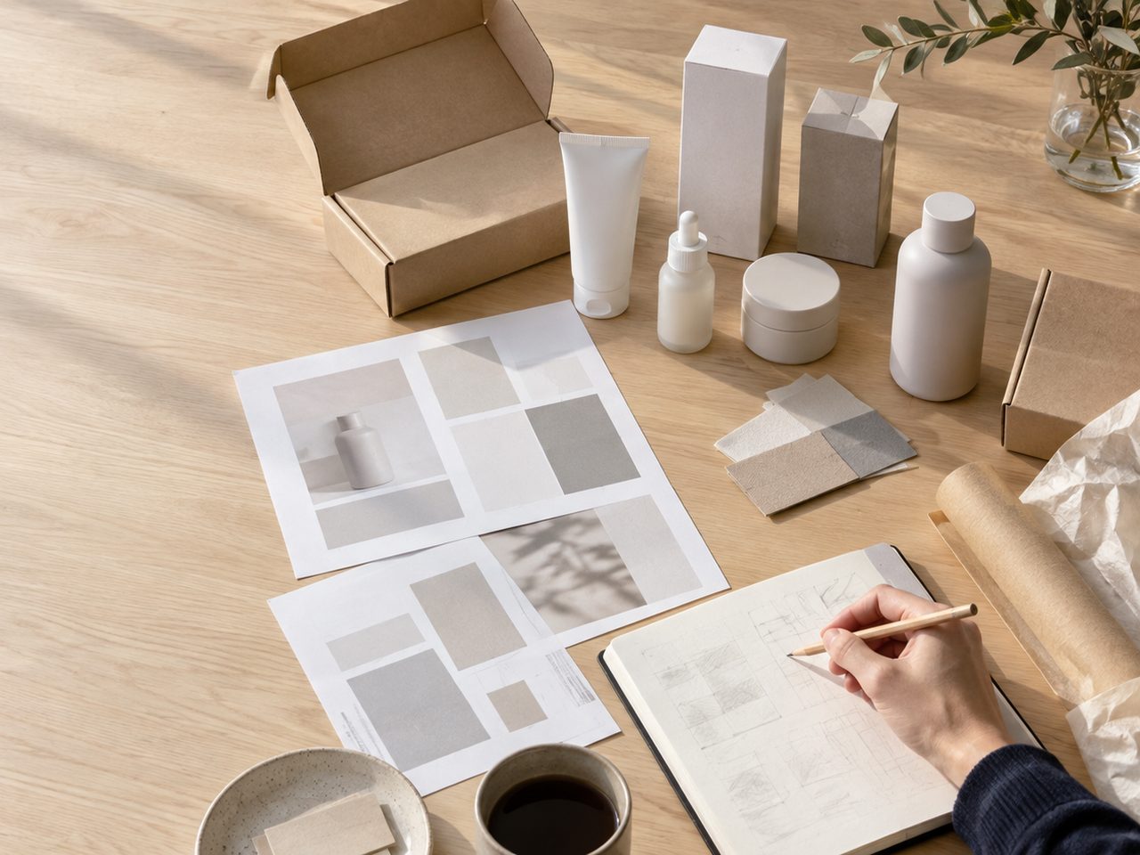 無地の商品サンプルと梱包材、企画資料を並べた作業台で、ペンを持った手が資料を確認している様子