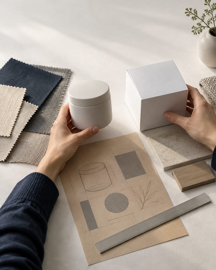 試作前の無地の商品サンプルと素材見本を、両手で並べて仕様を検討している手元